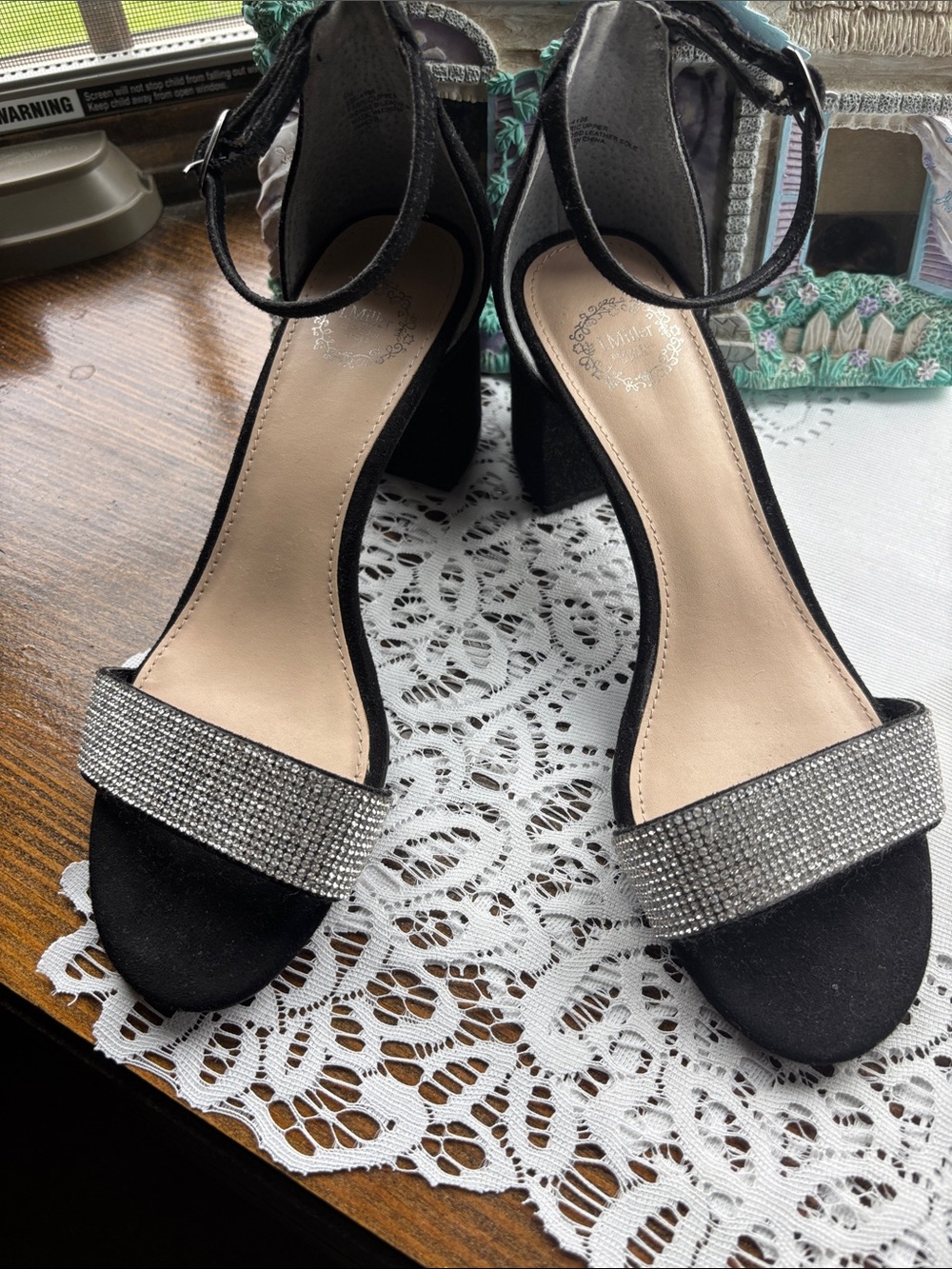 Black Block Heel Sandals with Silver Crystal Toe Strap